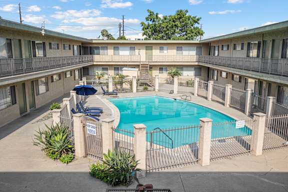 a view of a swimming pool in the middle of a building