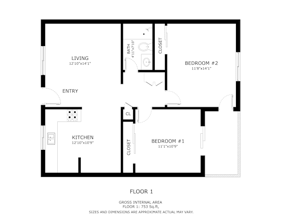 A black and white image of a floor plan for a small apartment.