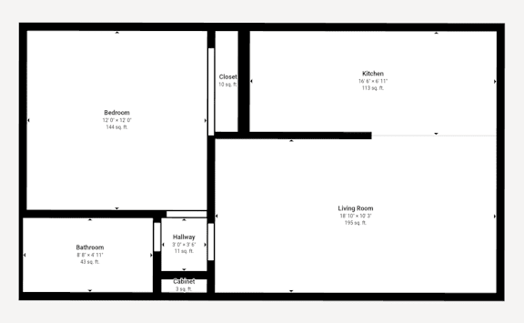 A floor plan of a house with a kitchen, living room, bedroom, bathroom, and hallway.