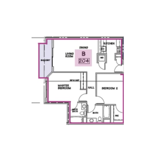 A floor plan of a house with a living room, two bedrooms, a kitchen, and a bathroom.