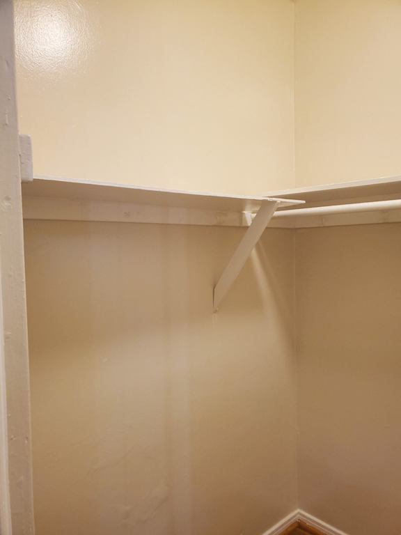 a walk in closet in a bathroom with white walls and a white ceiling and a