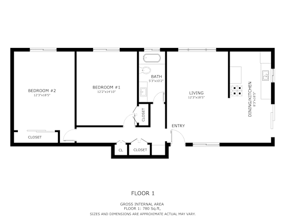 A black and white floor plan of a one bedroom apartment.