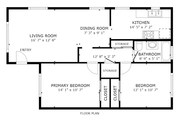 A black and white floor plan of a house with a living room, dining room, kitchen, two bedrooms, a bathroom, and storage space.