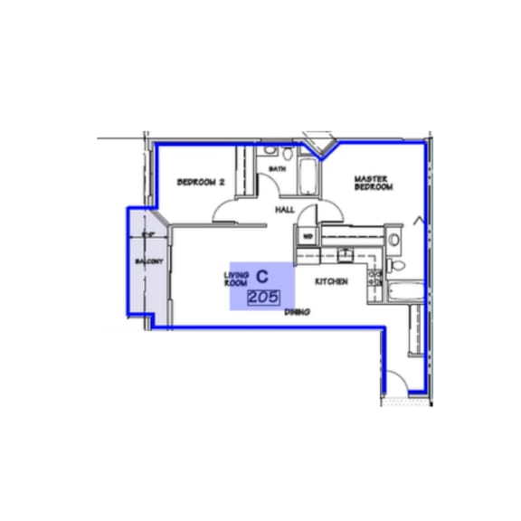 A blueprint of a house with a living room, kitchen, dining room, and two bedrooms.