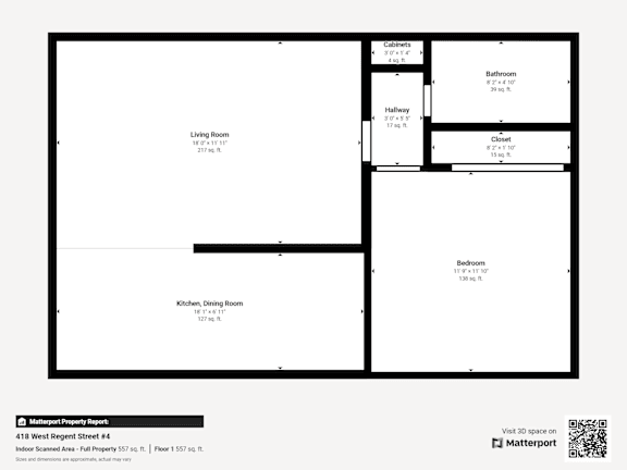A floor plan of a property with a living room, kitchen, bathroom, hallway, closet, and bedroom.