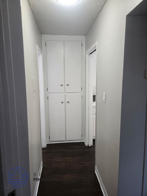 A hallway with a white door and a white cabinet.