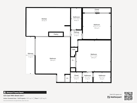 A floor plan of an apartment with a kitchen, pantry, and three bedrooms.