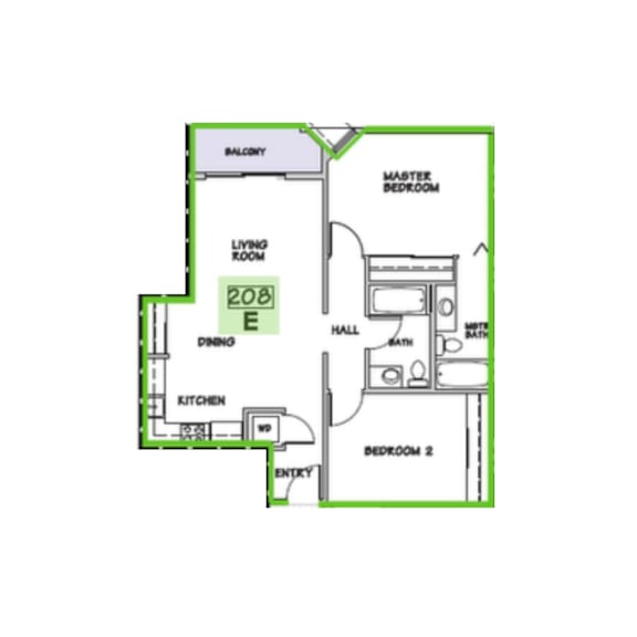 A floor plan of a home with a living room, dining room, kitchen, two bedrooms, a bathroom, and a balcony.