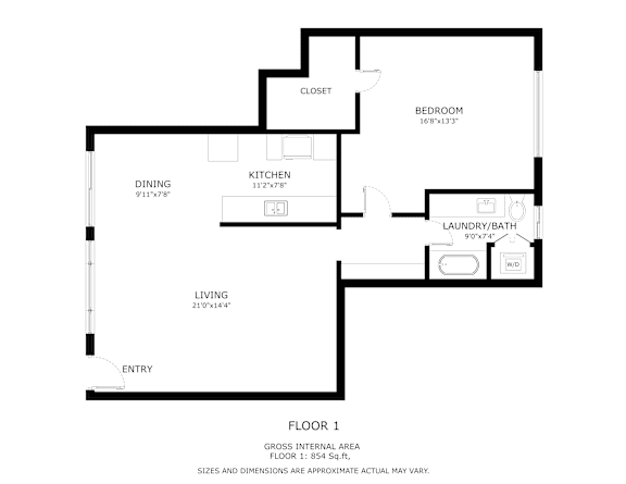 A black and white image of a Floor Plan for a one bedroom apartment.