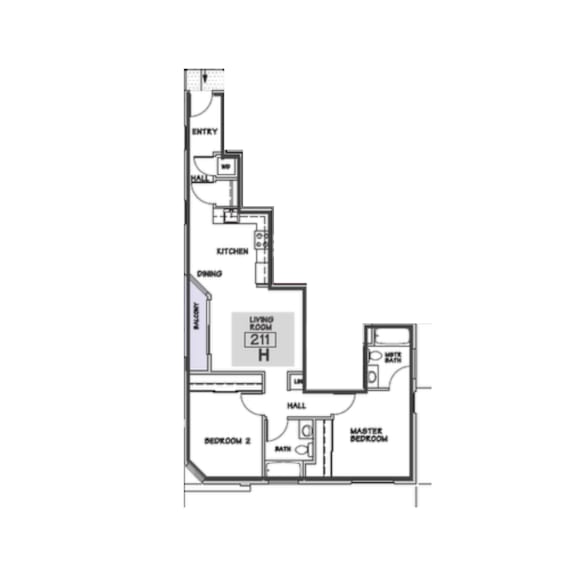 A floor plan of a house with a living room, dining room, kitchen, and two bedrooms.