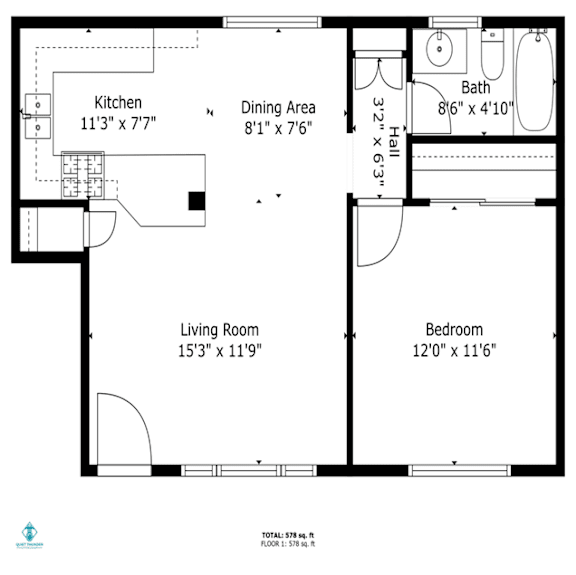 A floor plan of a small apartment with a kitchen, living room, dining area, bathroom, and two bedrooms.