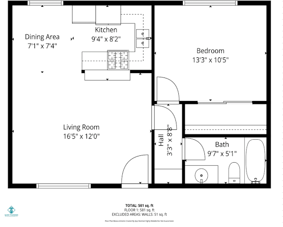 A floor plan of a house with a living room, dining area, kitchen, bathroom, and bedroom.