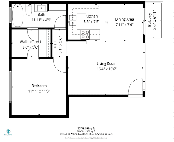 A floor plan of a house with a living room, dining area, kitchen, bath, and bedroom.