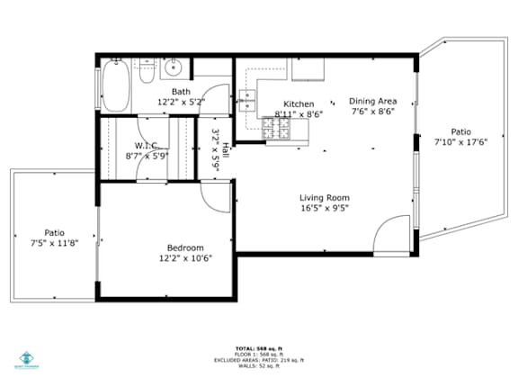 A floor plan of a house with a living room, kitchen, dining area, and two bedrooms.
