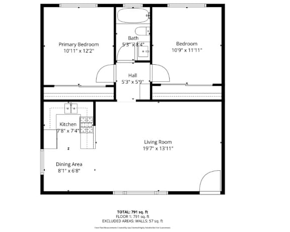 A floor plan of a house with a living room, dining area, kitchen, and three bedrooms.