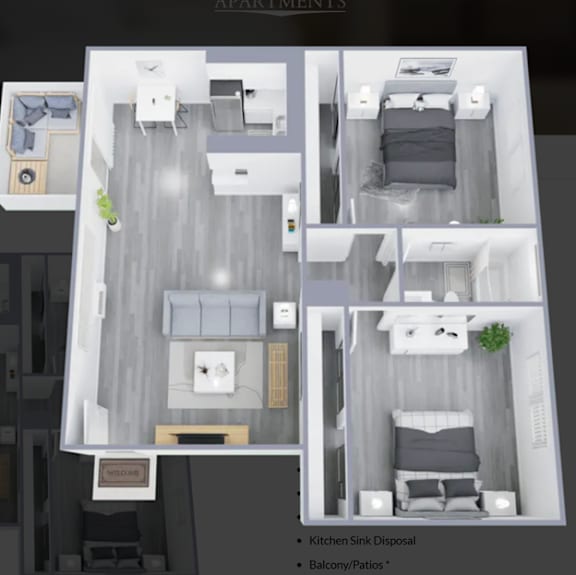 A 3D floor plan of a house with labeled rooms and furniture.