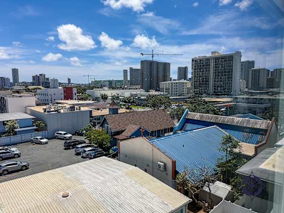 A view of a cityscape from a high vantage point.