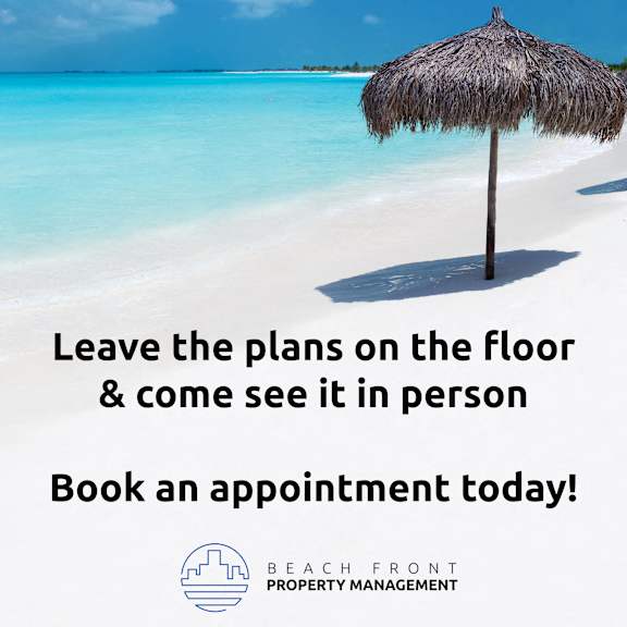 A beachfront property management advertisement encourages booking an appointment.
