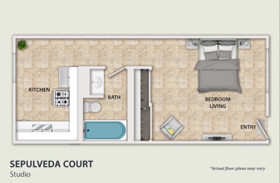 A floor plan of a studio apartment with a kitchen, bath, bedroom, and living room.