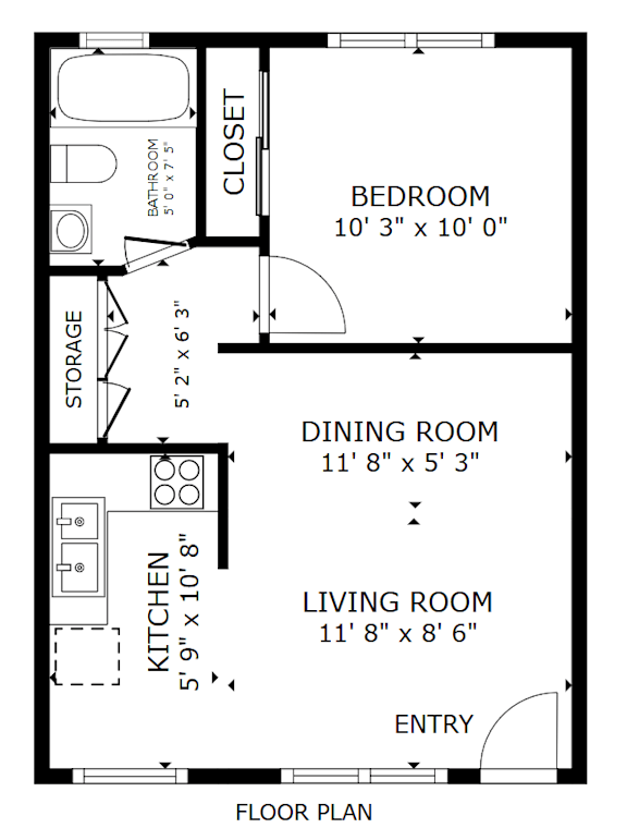 A floor plan of a small apartment with a bedroom, living room, kitchen, and storage area.