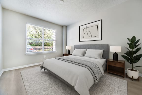 A bedroom with a large bed and a plant on the side table.