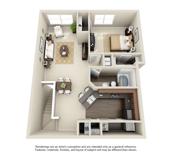 a rendering of a 1 bedroom floor plan with a bathroom and a living room