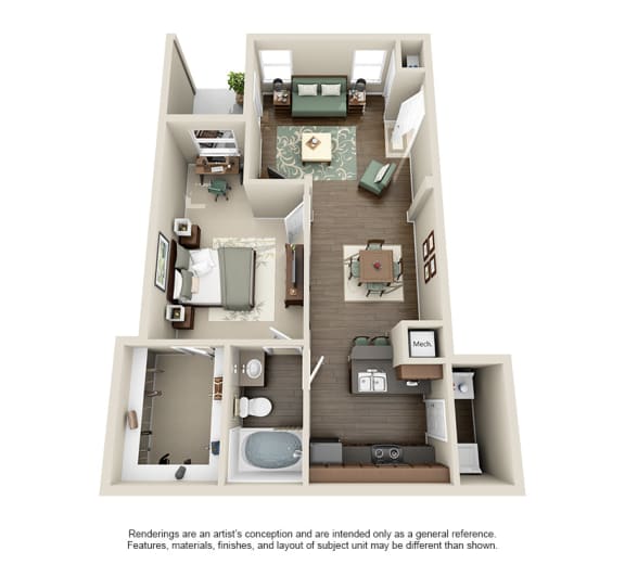 a 3d floor plan with a bedroom and a living room