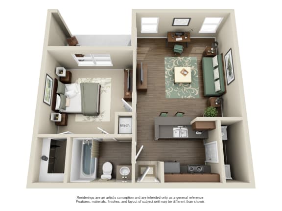 a 3d rendering of a 1 bedroom floor plan with a bathroom and a balcony