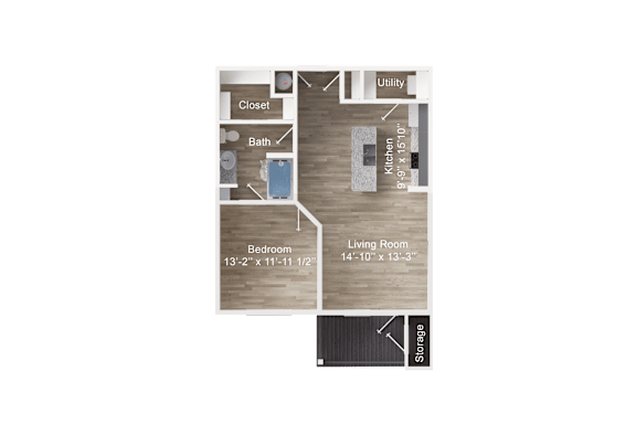 One-bedroom apartment entry into kitchen with island and utility closet, opening to living room with balcony and storage, hallway to bedroom, bathroom, and walk-in closet.