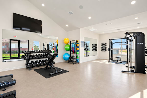 A gym with a variety of equipment including weights and exercise balls.