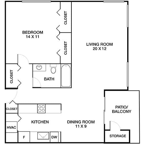 A floor plan of a home with a bedroom, living room, kitchen, dining room, bathroom, and a patio/balcony.