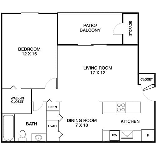 A floor plan of a home with a bedroom, living room, dining room, kitchen, and bath.
