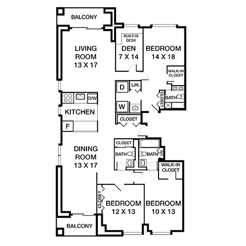 A floor plan of a house with a balcony, living room, dining room, kitchen, and four bedrooms.