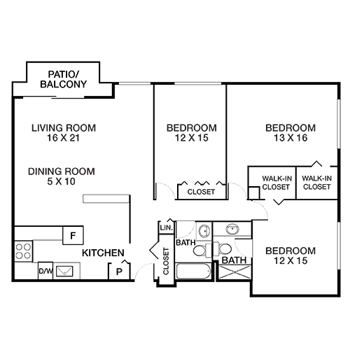 A floor plan of a house with a living room, dining room, kitchen, and four bedrooms.