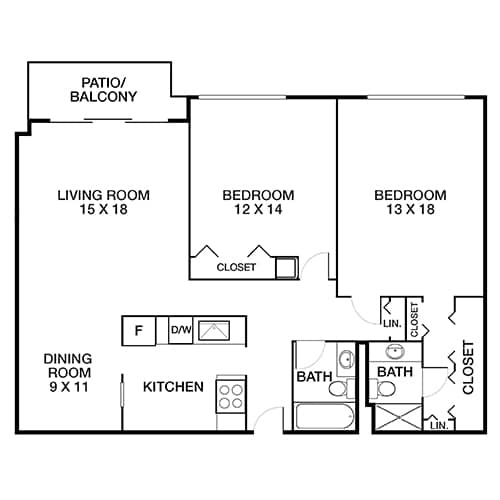 A floor plan of a home with a living room, two bedrooms, a dining room, a kitchen, a patio, and a bathroom.