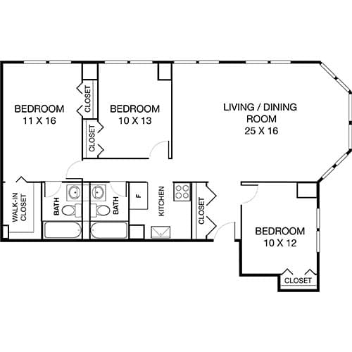 A floor plan of a house with 4 bedrooms, a living/dining room, a kitchen, and two bathrooms.