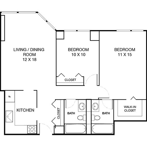 A floor plan of a house with a living/dining room, two bedrooms, a kitchen, and two bathrooms.