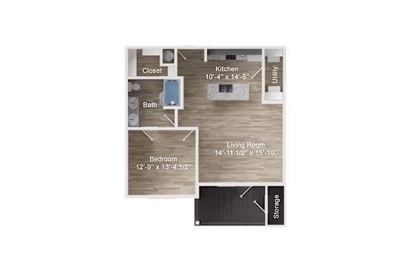 One-bedroom apartment entry into kitchen with island and utility, opening to living room with balcony and storage, with bedroom, bathroom, and closet off the main living area.