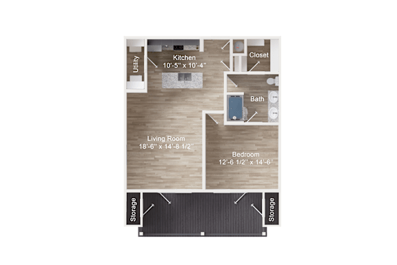 One-bedroom apartment entry into kitchen with island and utility, opening to living room with balcony and two storage closets, with bedroom off the living room and walk-in closet and bathroom accessible from the bedroom area.