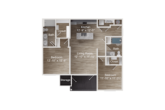 2-bedroom apartment entry into hallway with utility closet, then to kitchen with island and a living room and bathroom, leads into a balcony with storage closet. Bedroom 1 with closet. Bedroom 2 with private bath and walk-in closet.