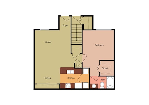 A floor plan of a house with a living room, dining room, kitchen, bedroom, bathroom and foyer.