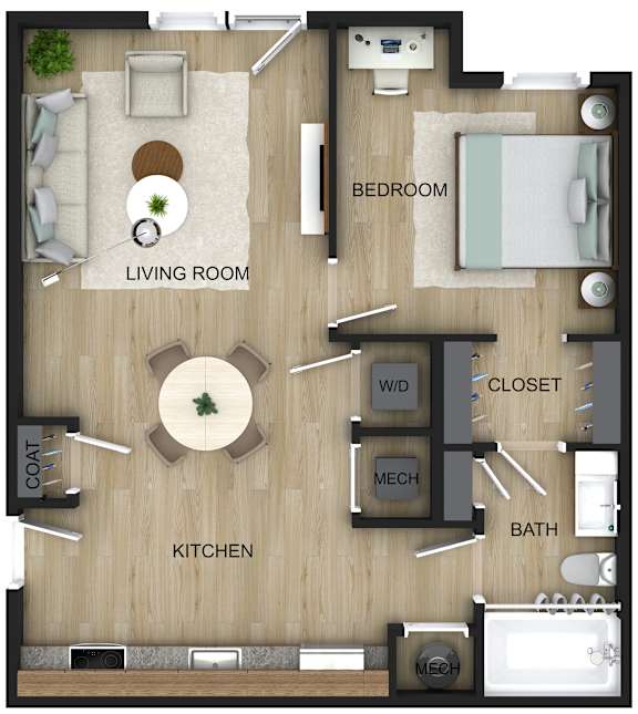 A floor plan of a house with a living room, kitchen, bedroom, bathroom, closet, and two mechs.