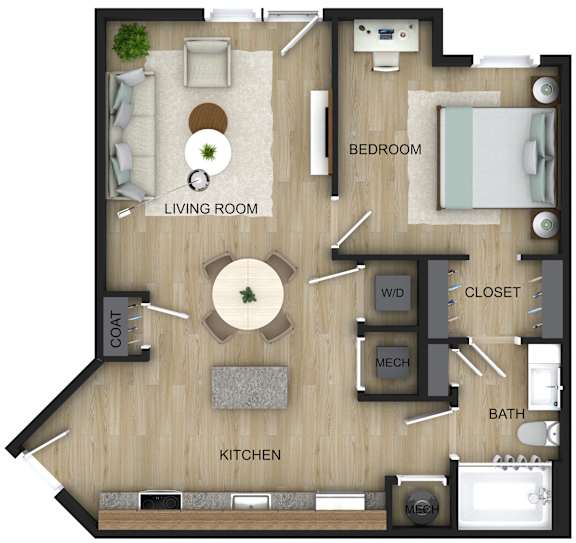 A floor plan of a house with a living room, kitchen, bedroom, bathroom, and closet.