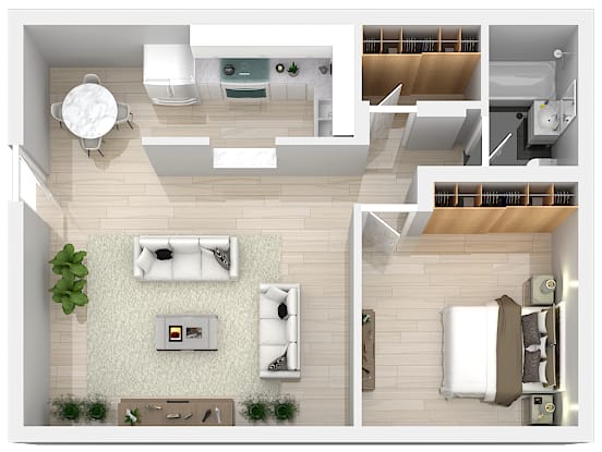 A top-down view of a small apartment with a kitchen, living room, and bathroom.