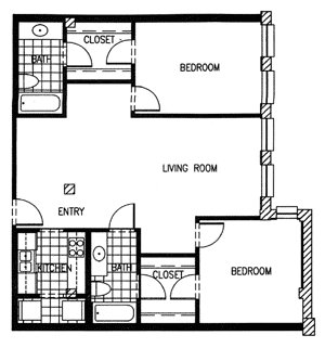 A black and white image of a floor plan for a house with a living room, kitchen, and two bedrooms.