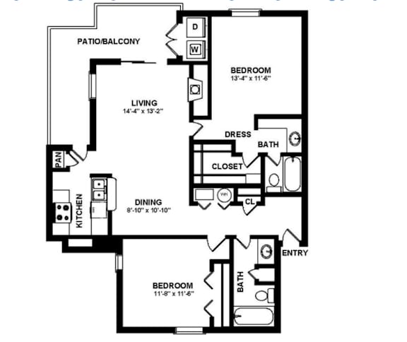 A black and white image of a floor plan for a two bedroom apartment.