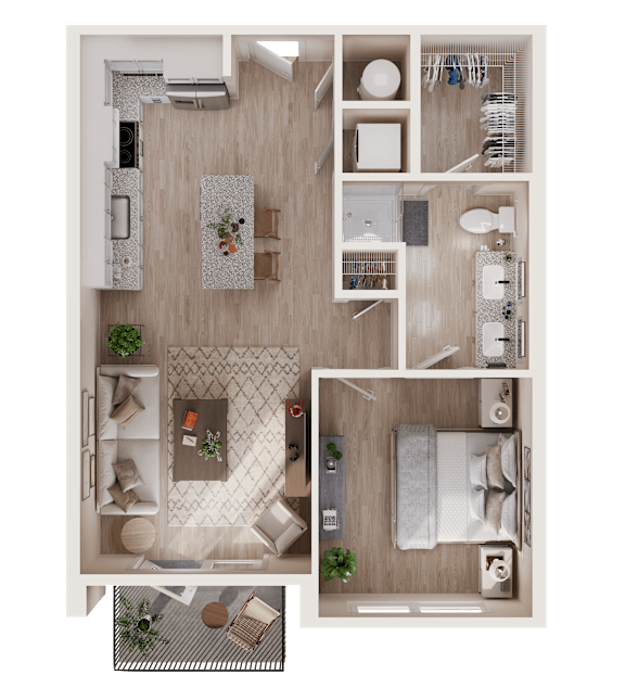 A top-down view of a small apartment layout with a kitchen, living room, and bathroom.