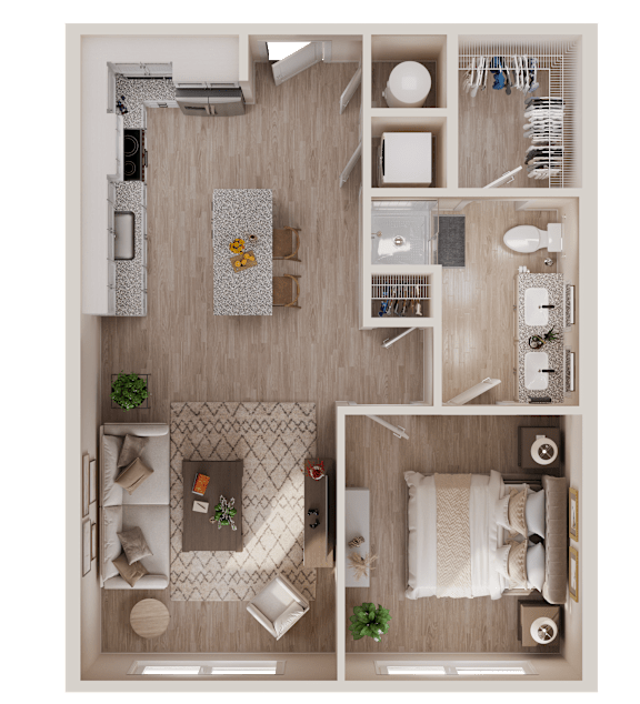 A top-down view of a well-organized apartment with a living room, kitchen, and bedroom.