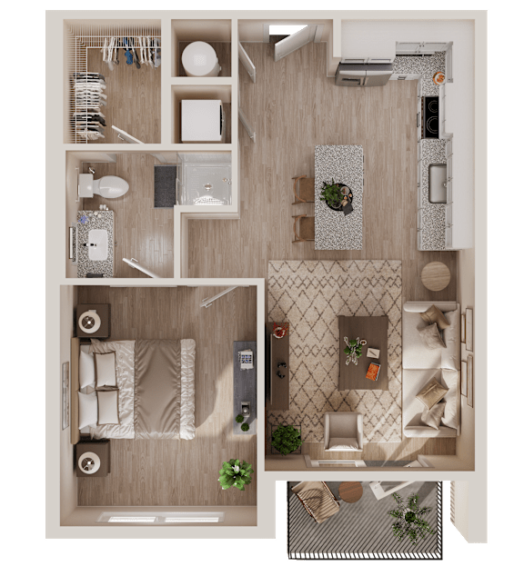 A top-down view of a small apartment with a bedroom, living room, and kitchen.
