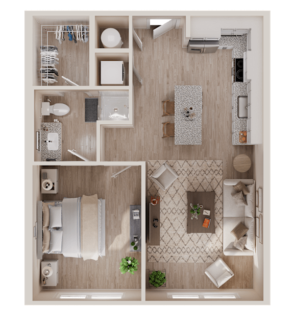 A top-down view of a small apartment with a kitchen, living room, and bathroom.
